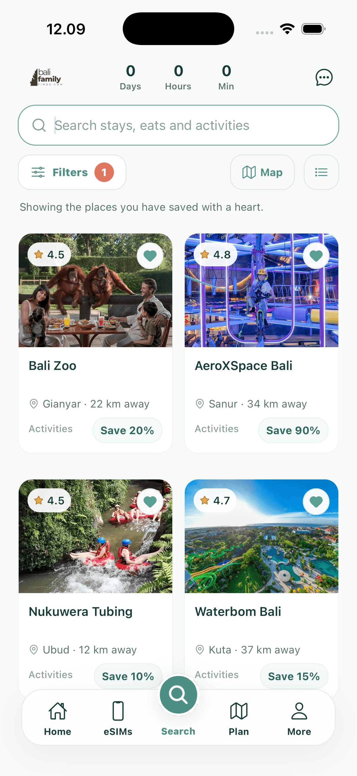 BFF search screen with saved Bali activities and partner offers