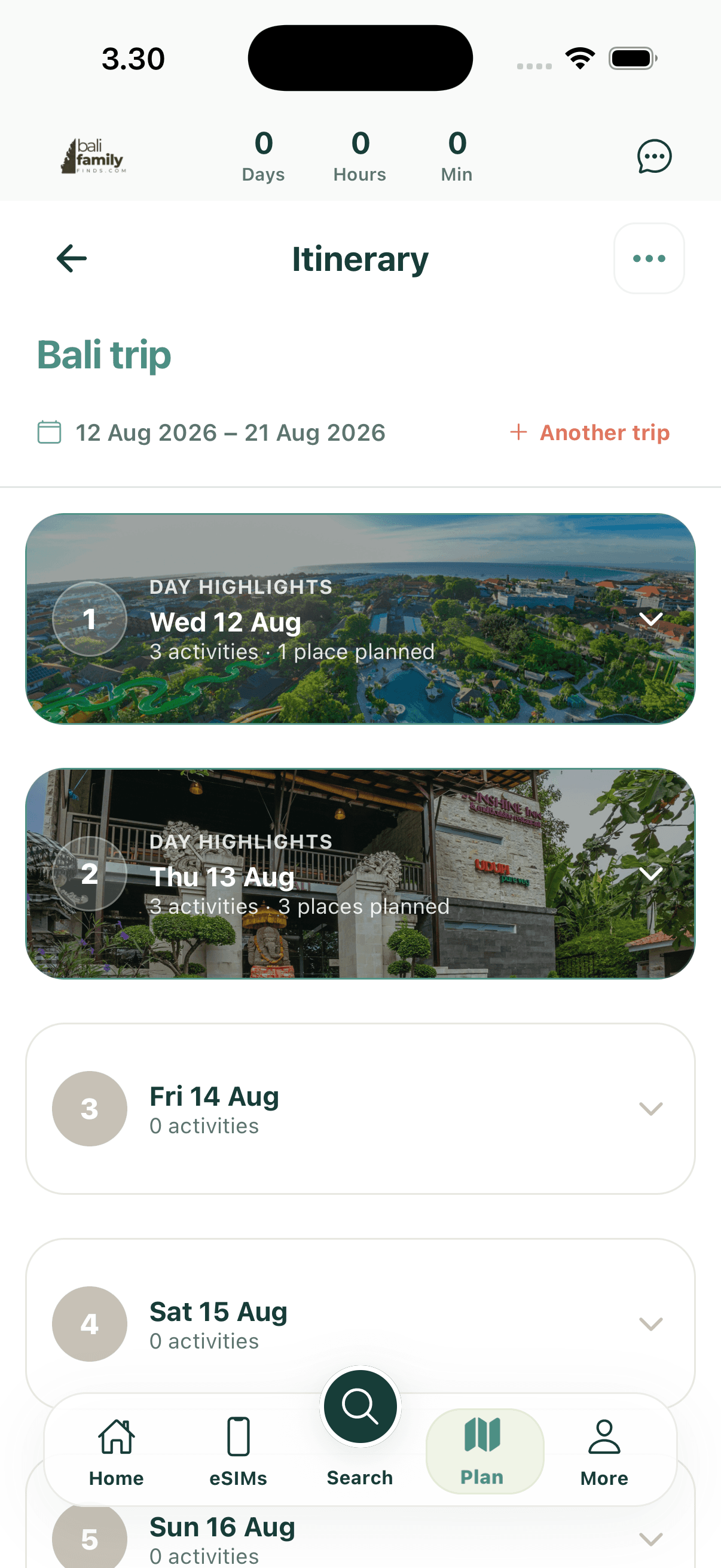 BFF trip itinerary showing planned activities and places by day
