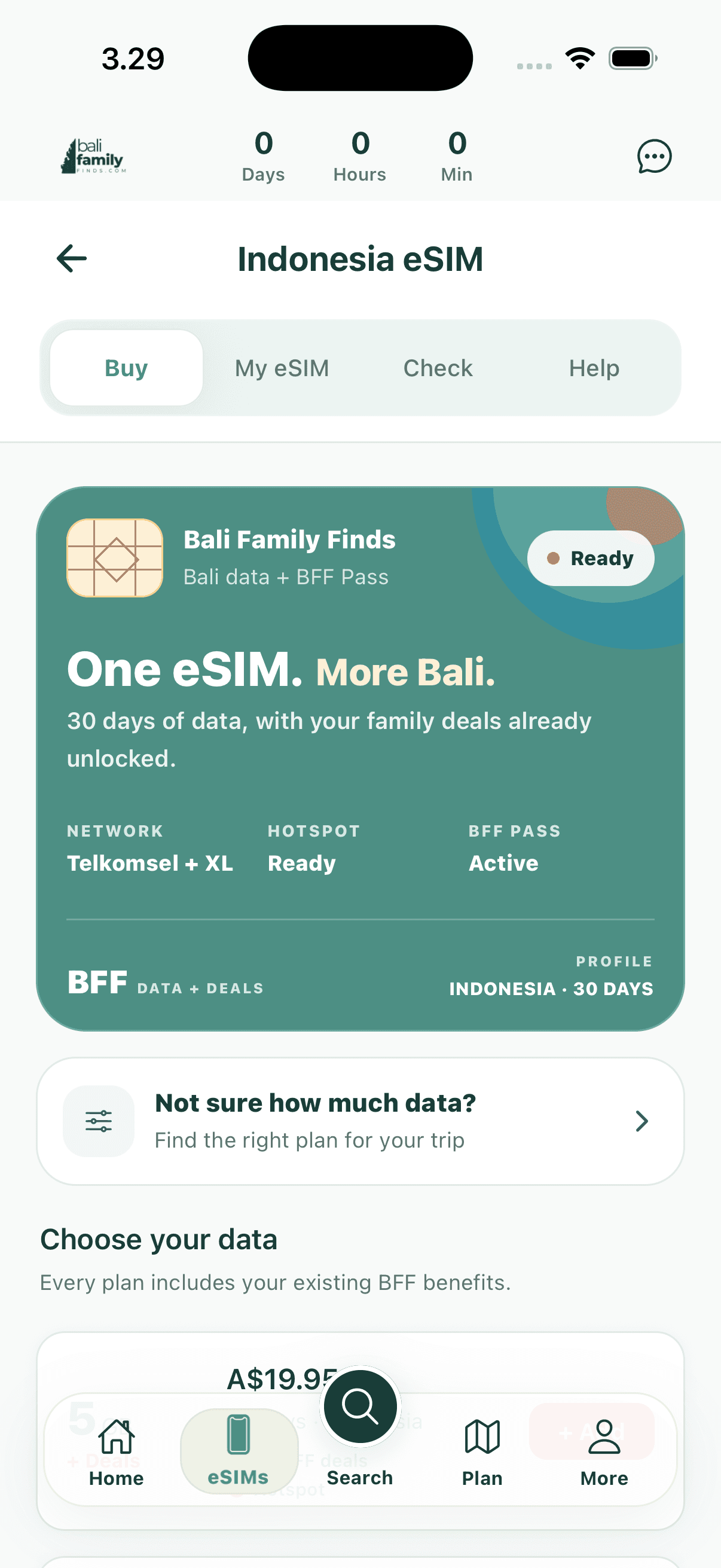 Indonesia eSIM plans with the BFF Pass included in the app